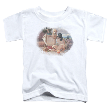 White toddler t-shirt with Wild Wings Lunch Break Lab Pups graphic
