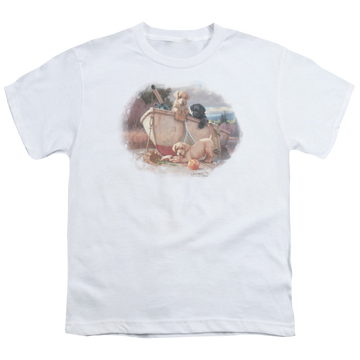 White youth t-shirt for ages 8 to 12 with Wild Wings Lunch Break Lab Pups graphic