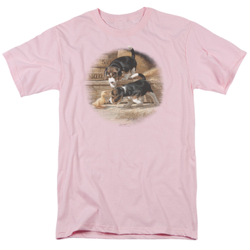 Pink men's regular fit t-shirt with Wild Wings Getting Acquainted graphic