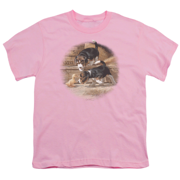 Pink youth t-shirt for ages 8 to 12 with Wild Wings Getting Acquainted graphic