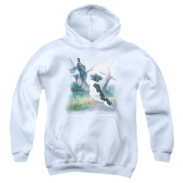 White youth hoodie for ages 8 to 12 with Wild Wings Springer With Pheasant graphic