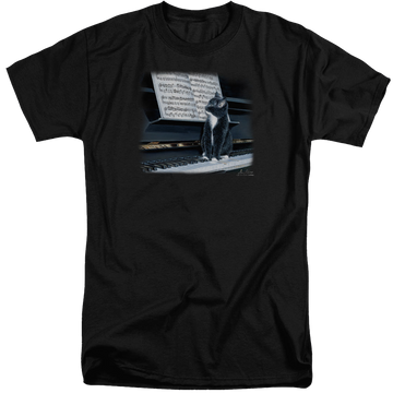 Black men's tall fit t-shirt with Wild Wings Kitten On The Keys graphic