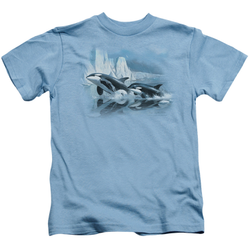 Carolina blue kid's t-shirt for ages 4 to 7 with Wild Wings Glaciers Edge Orcas graphic