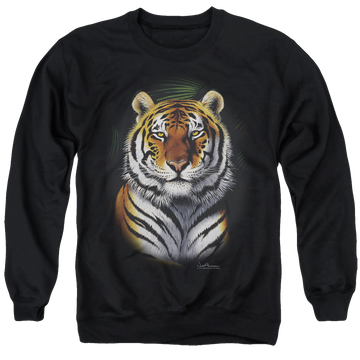 Black men's crewneck sweatshirt with Wild Wings Jungle Fire graphic