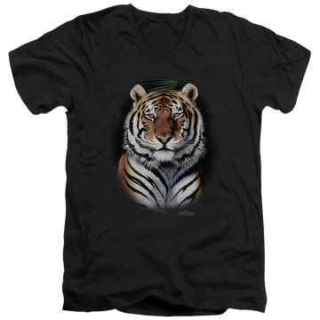 Black men's v-neck t-shirt with Wild Wings Jungle Fire graphic