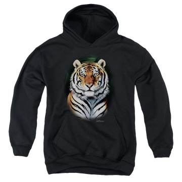 Black youth hoodie for ages 8 to 12 with Wild Wings Jungle Fire graphic