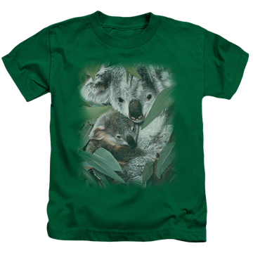 Kelly green kid's t-shirt for ages 4 to 7 with Wild Wings Motherhood graphic