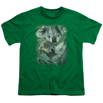 Kelly green youth t-shirt for ages 8 to 12 with Wild Wings Motherhood graphic