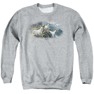 Athletic heather men's crewneck sweatshirt with Wild Wings High Trails Dall Sheep graphic