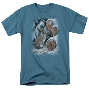 Slate men's regular fit t-shirt with Wild Wings Wood Pile Rabbit graphic