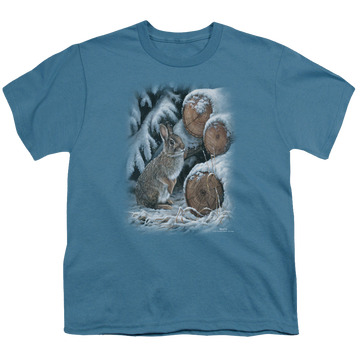 Slate youth t-shirt for ages 8 to 12 with Wild Wings Wood Pile Rabbit graphic