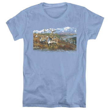 Carolina blue women's t-shirt with Wild Wings Caribou graphic