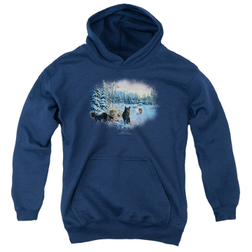 Navy youth hoodie for ages 8 to 12 with Wild Wings Hunters Moon The Spoils graphic