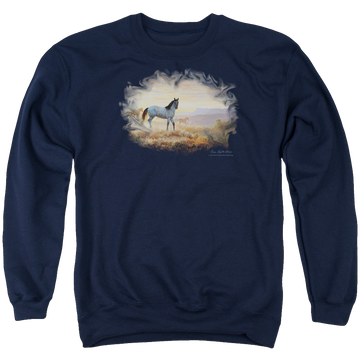 Navy men's crewneck sweatshirt with Wild Wings Dust At Dawn graphic