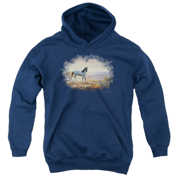 Navy youth hoodie for ages 8 to 12 with Wild Wings Dust At Dawn graphic