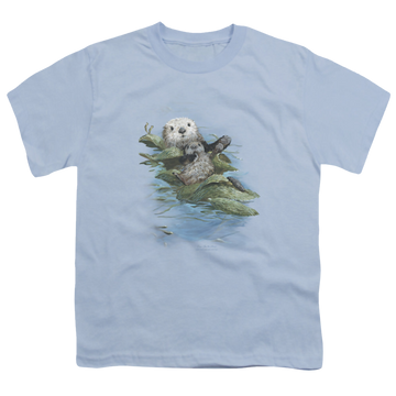 Light blue youth t-shirt for ages 8 to 12 with Wild Wings Kelp Cradle Otters graphic