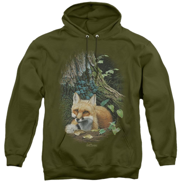 Military green pullover hoodie with Wild Wings Cozy Retreat graphic