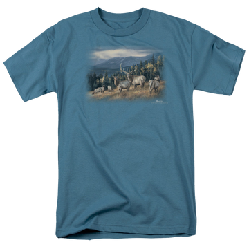 Slate men's regular fit t-shirt with Wild Wings Autumn Gold Elk graphic