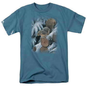 Slate men's regular fit t-shirt with Wild Wings Wood Pile Squirrel graphic