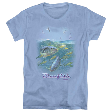 Carolina blue women's t-shirt with Wild Wings Blue Mayhem graphic