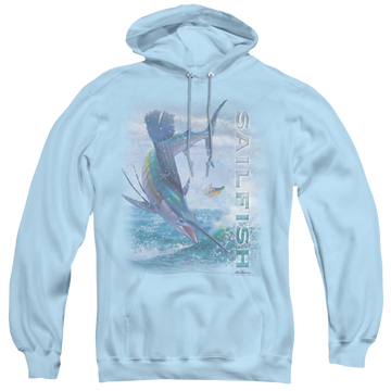 Light blue pullover hoodie with Wild Wings Leaping Sailfish graphic