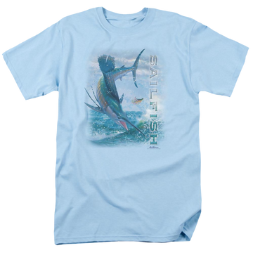 Light blue men's regular fit t-shirt with Wild Wings Leaping Sailfish graphic