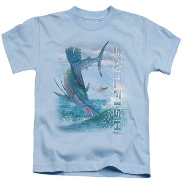 Light blue kid's t-shirt for ages 4 to 7 with Wild Wings Leaping Sailfish graphic