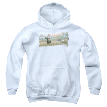 White youth hoodie for ages 8 to 12 with Wild Wings Cape Buffalo graphic