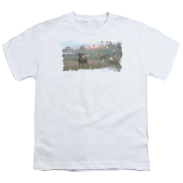 White youth t-shirt for ages 8 to 12 with Wild Wings Cape Buffalo graphic