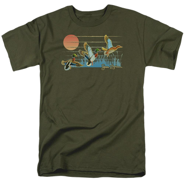 Military green men's regular fit t-shirt with Wild Wings Three Ducks graphic