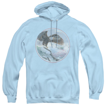 Light blue pullover hoodie with Wild Wings Wild Glory graphic