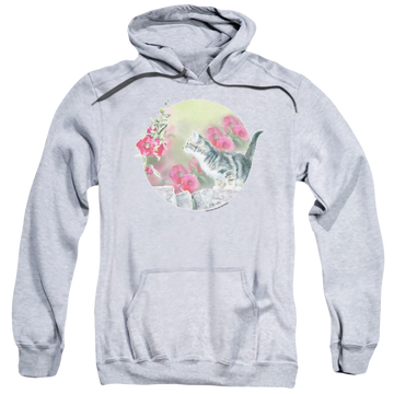 Athletic heather pullover hoodie with Wild Wings Kitten Flowers graphic