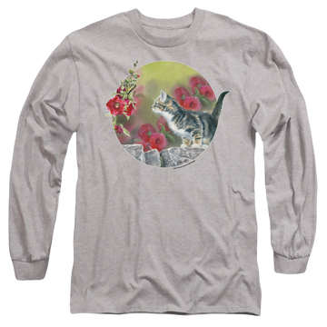 Athletic heather men's long sleeve t-shirt with Wild Wings Kitten Flowers graphic