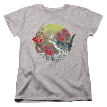Athletic heather women's t-shirt with Wild Wings Kitten Flowers graphic