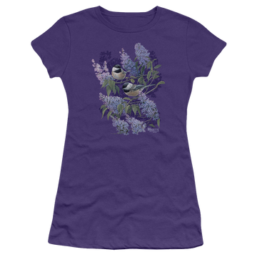 Purple juniors t-shirt with Wild Wings Chickadees And Lilacs graphic