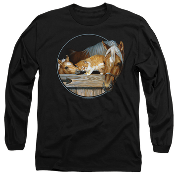 Black men's long sleeve t-shirt with Wild Wings Everyone Loves Kitty graphic