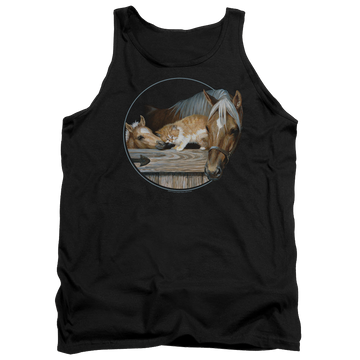 Black men's tank with Wild Wings Everyone Loves Kitty graphic