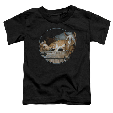 Black toddler t-shirt with Wild Wings Everyone Loves Kitty graphic