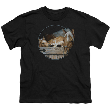 Black youth t-shirt for ages 8 to 12 with Wild Wings Everyone Loves Kitty graphic