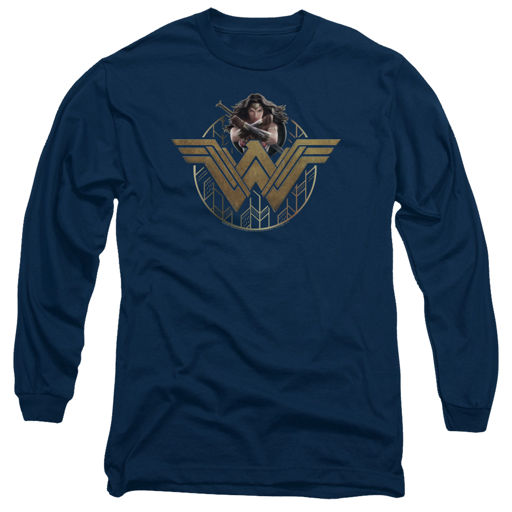 Wonder Woman Power Stance And Emblem Men's Long Sleeve T-Shirt Men's Long Sleeve T-Shirt Wonder Woman