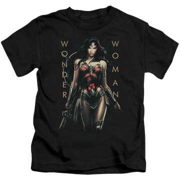 Black kid's t-shirt for ages 4 to 7 with Wonder Woman Movie Armed And Dangerous graphic