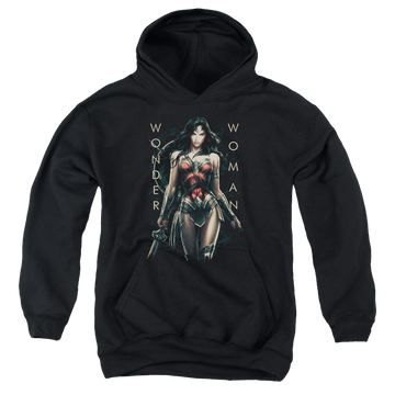Black youth hoodie for ages 8 to 12 with Wonder Woman Movie Armed And Dangerous graphic