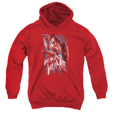Red youth hoodie for ages 8 to 12 with Wonder Woman Movie American Hero graphic