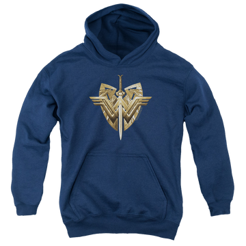 Navy youth hoodie for ages 8 to 12 with Wonder Woman Movie Sword Emblem graphic