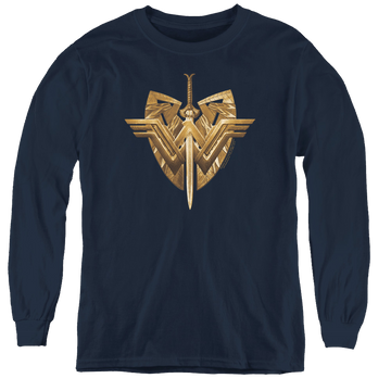 Navy youth long sleeve t-shirt with Wonder Woman Movie Sword Emblem graphic