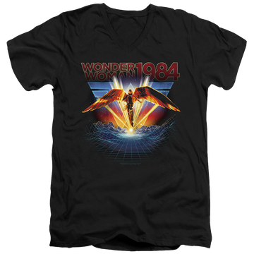 Black men's v-neck t-shirt with Wonder Woman 1984 84 Metal graphic