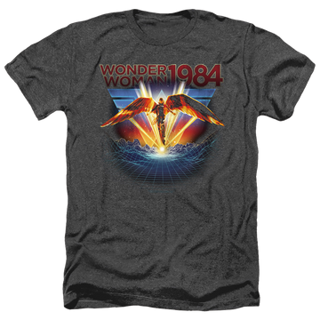 Charcoal men's heather t-shirt with Wonder Woman 1984 84 Metal graphic