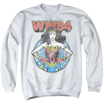 White men's crewneck sweatshirt with Wonder Woman 1984 Star Circle graphic