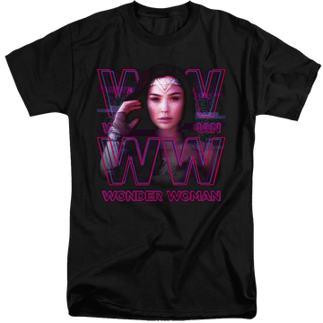 Black men's tall fit t-shirt with 1984 Vaporwave Wonder Woman graphic