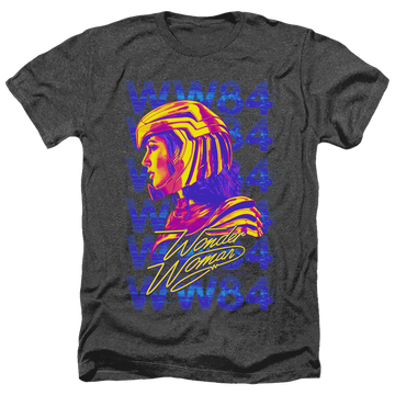 Charcoal men's heather t-shirt with Wonder Woman 1984 Ww84 Repeat graphic